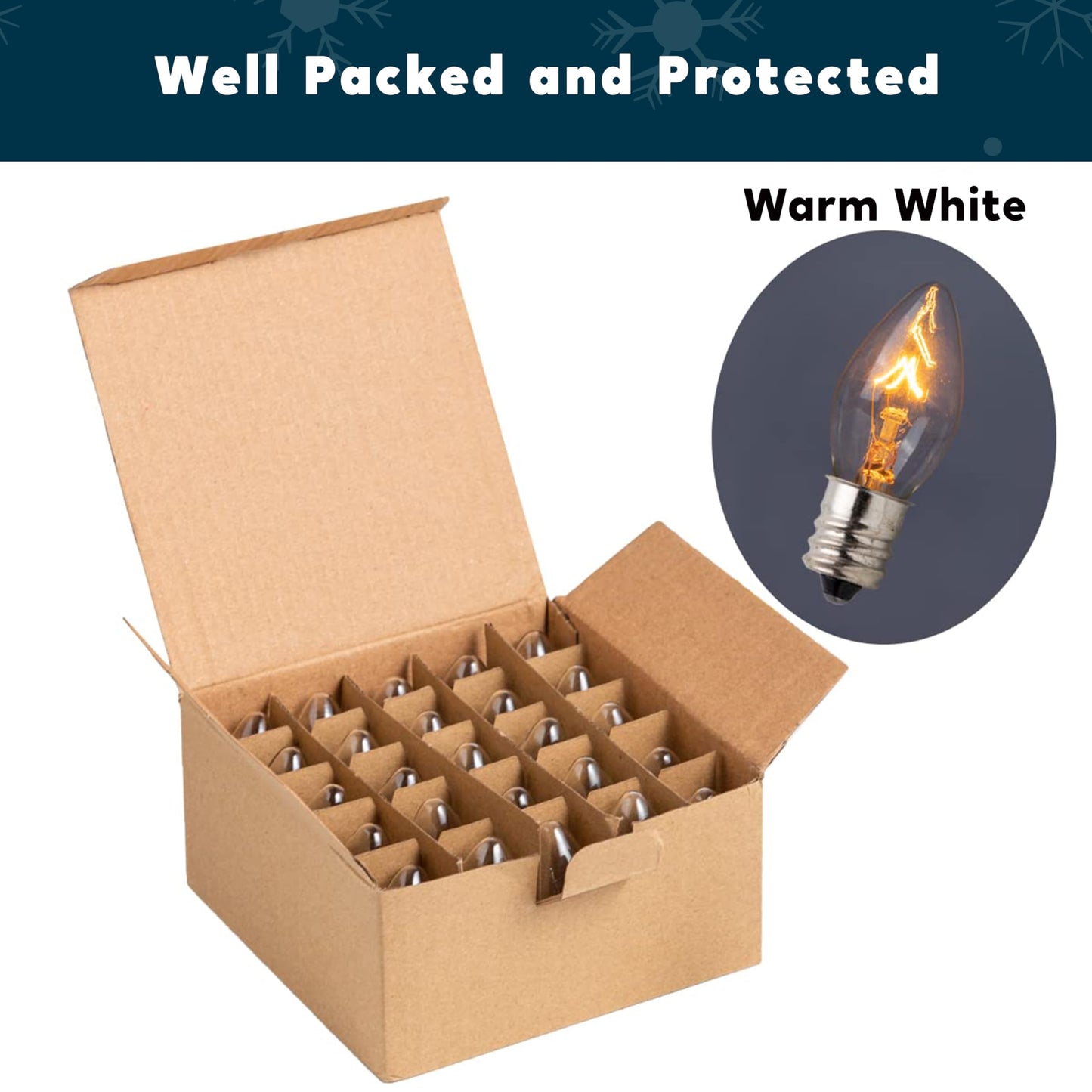 Joiedomi 25 Pack C7 Bulb  Replacement Light Bulbs For Christmas Outdoor  Indoor  Lawn  Tree  Panel Decor  E12 Candelabra Base  Longer Life 120 Volt  6W