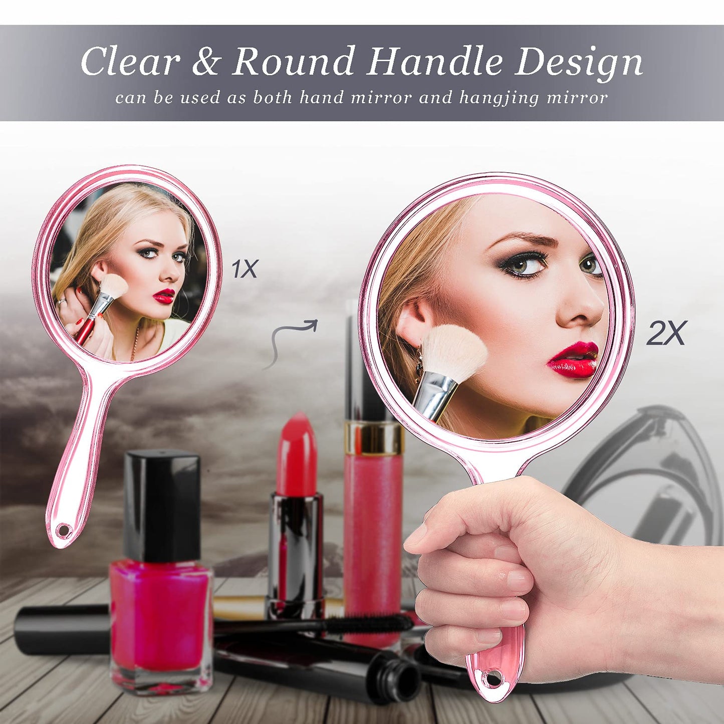 Jetec Double Sided Handheld Mirror - 1X/ 2X Magnifying Mirror with Handle - Rounded Shape Makeup Mirror (Pink)