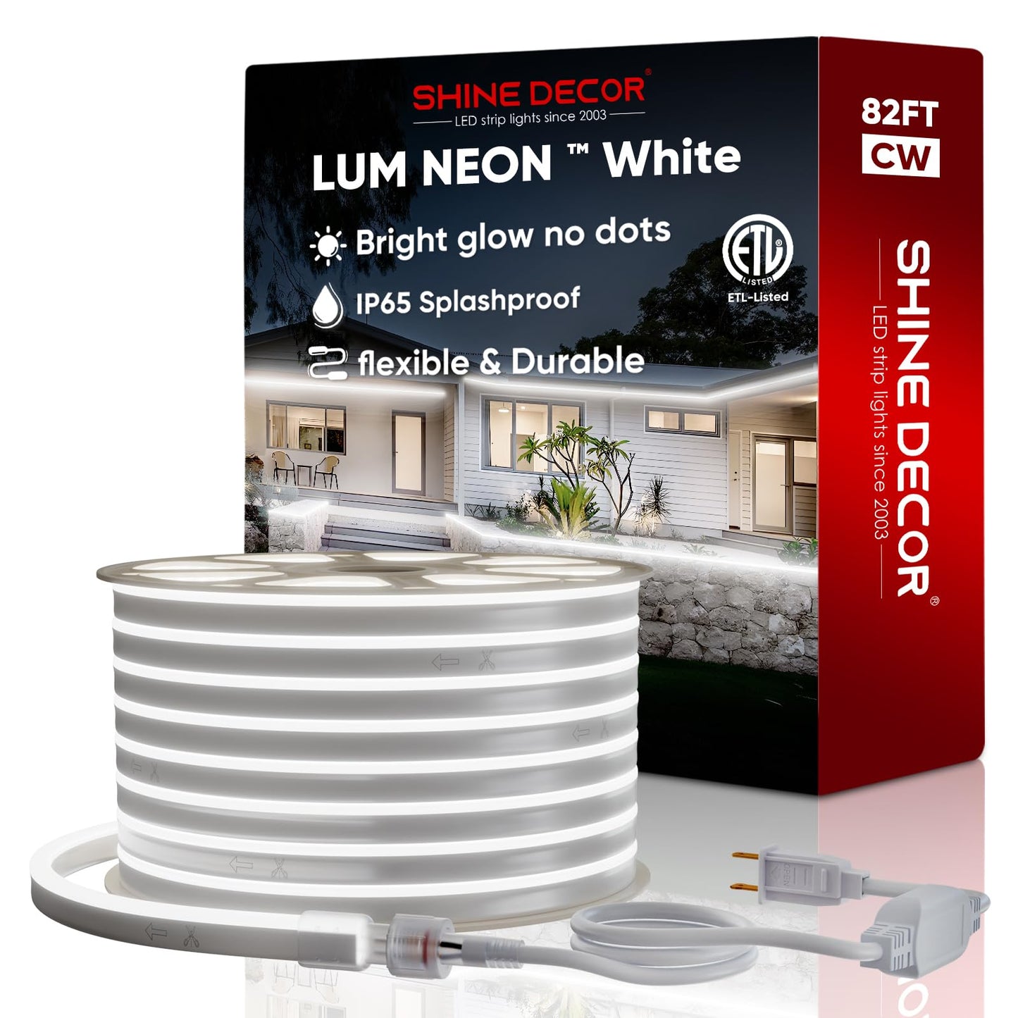 Shine Decor LED Neon Rope Lights, 82FT/25M, Cool White 6300K, Flexible Waterproof SMD2835, Model CML-NCW-25M