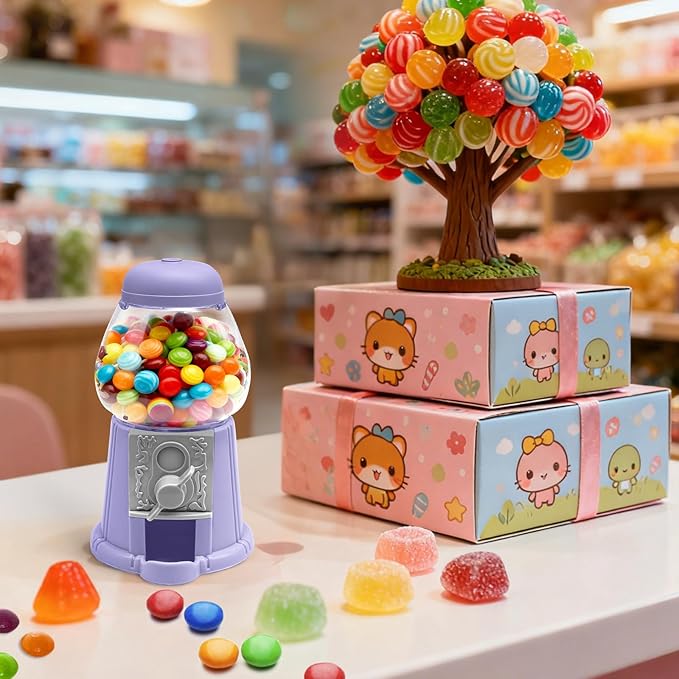 Heleeron Mini Gumball Machine Food Candy Dispenser for Kids,Vintage-Style Bubble Gum Machine (2 units-pink and purple)