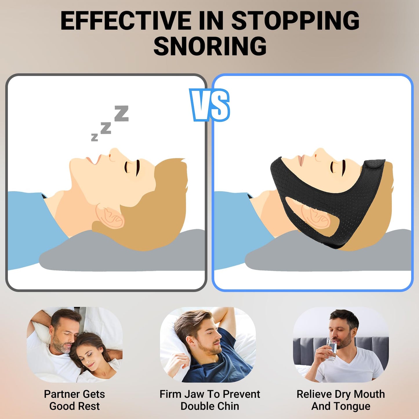 OHELEEP Anti Snore Chin Strap for CPAP Users, Snore Stopper Adjustable, Chin Strap for Sleeping Comfortable Stop Snoring Solution, Anti Snoring Devices Breathable and Reusable, Black, M