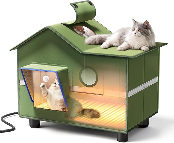 Heated Cat Shelter for Outside, Large Outdoor Cat House with Roof Window and Cozy Cushion, Weatherproof Foldable and Easy ...