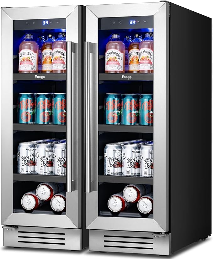 Yeego Beverage-Refrigerator,12 Inch Beverage Cooler 2PCS Small Wine Fridge Built-in or Freestanding with Auto Defrost, Mini Fridge with Glass Door for Bottles and Cans Beer/Soda/Water/Wine