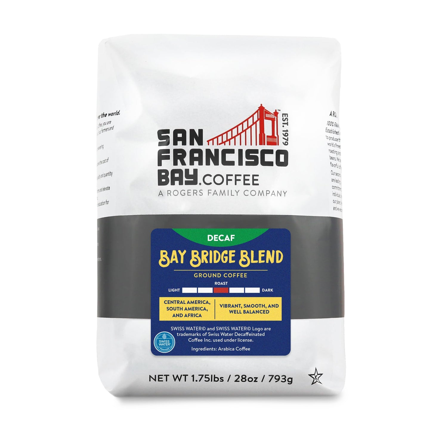 San Francisco Bay Ground Coffee - DECAF Bay Bridge Blend (28oz Bag)  Medium Roast  Swiss Water Processed