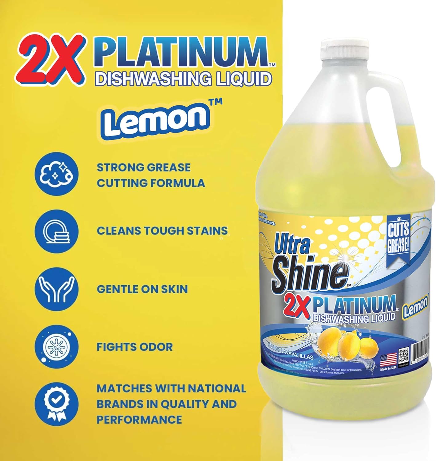 Ultra Shine™ 4 Pack 2X Platinum™ Dish Cleaning Liquid, Lemon Scent, 1 Gallon, Yellow - Powerful Grease Remover Dishwashing Soap