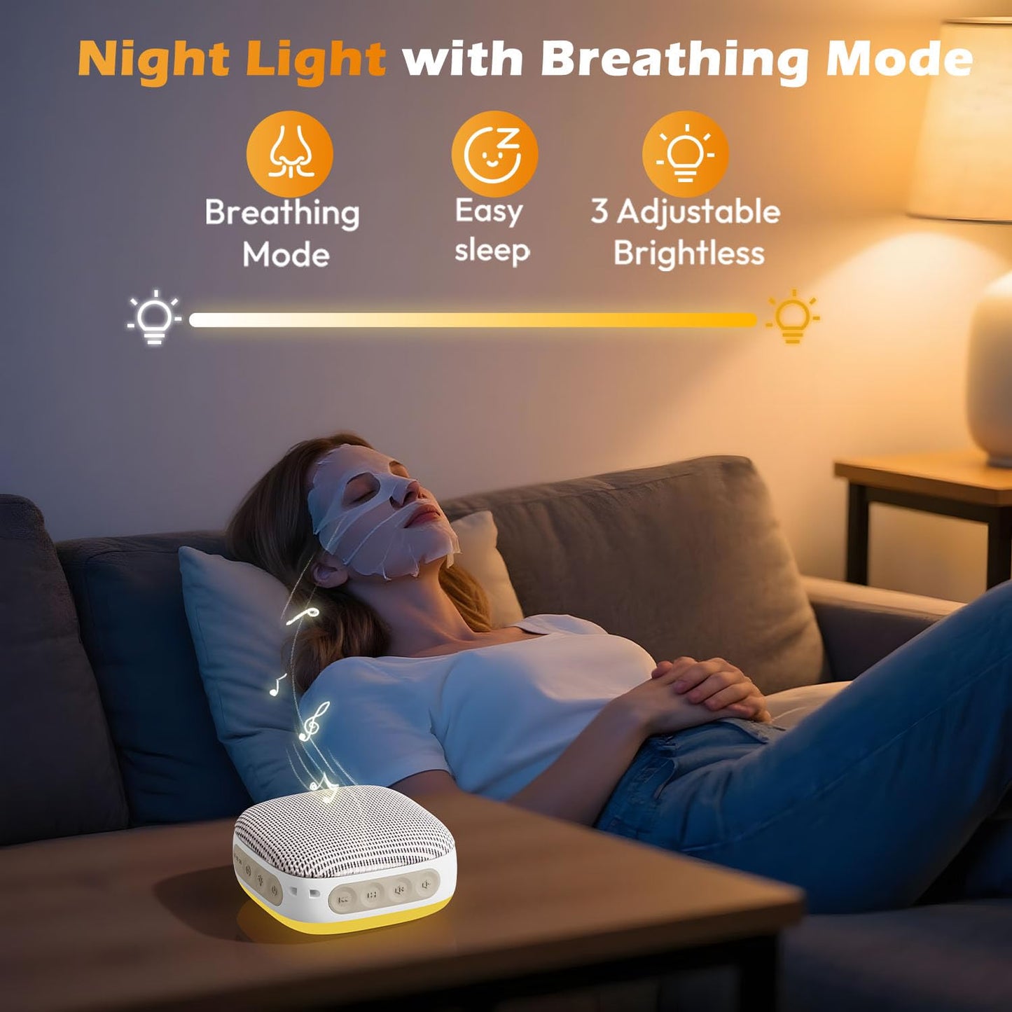White Noise Sound Machine for Sleeping Adults – with Amber Breathing Night Light, Headphone Jack, 20 Non-Looping Sounds, 52-Hour Battery, Timer & Memory (Khaki)