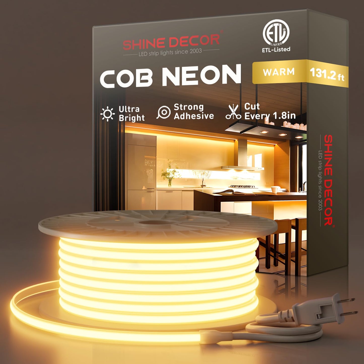 Shine Decor Cob Led Rope Light Ac 120V  800Lm Ultra Bright  Ip65 Waterproof Cold-Resistant Etl Neon Strip  No Driver Tape Lighting For Home Commercial 10X4.5Mm  2800K Warm White  131.2Ft