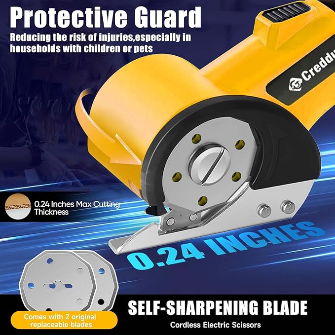 Cordless Electric Scissors，Cardboard Cutter Heavy Duty Scissor with 3 Blade, Safety Lock & Extra Blade，Rotary Cutter for Cardboard Fabric Plastic Leather Yellow