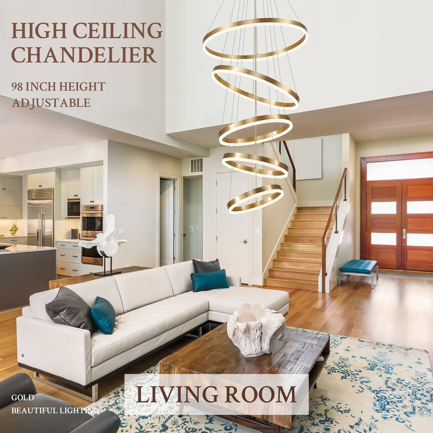 Sparklelf Modern LED Chandelier - Dimmable Gold 5-Rings 23.6in, Remote Control, 3000K-6500K, for Foyer, Dining Room,