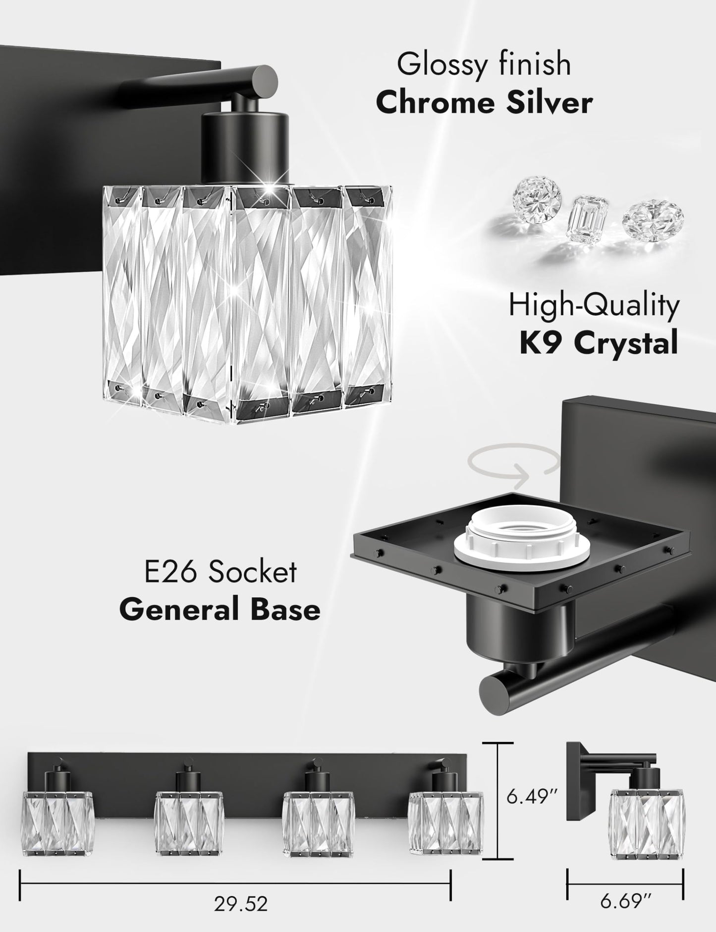 VOLISUN Black Bathroom Light Fixtures, Modern Bathroom Lighting Fixtures Over Mirror, 4 Light Bathrooms Vanity Light, Crystal Vanity Light for Bathrooms-UL Certificated(Exclude Bulb)