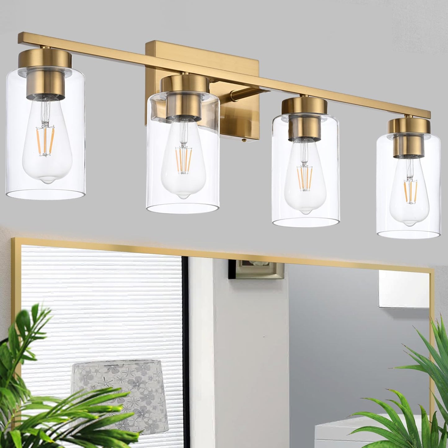 A1A9 4 Light Bathroom Vanity Light Fixtures, Brushed Brass, Clear Glass Shade, 4-Lights, Model NF-22405BR, Gold