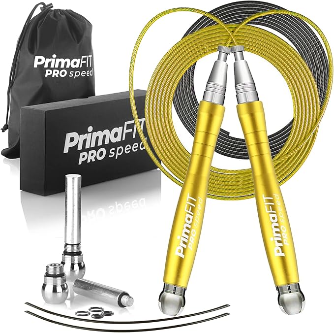 PrimaFIT Jump Rope Pro Speed Skipping Rope Adjustable Adult Jumping Rope Weighted Aluminium Handles for Double Dutch Boxin...