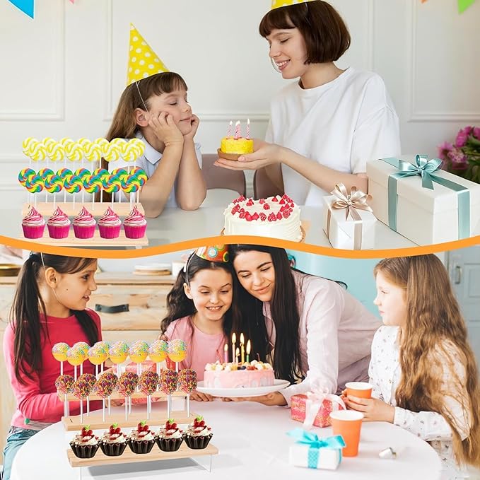 2 Pack Cake Pop Stand Holder - 3 Tier for 39 Cake Pops, Acrylic & Pine Wood Dessert Table Stand | Wedding Birthday Baby Shower Candy Buffet Cake Pop Display.