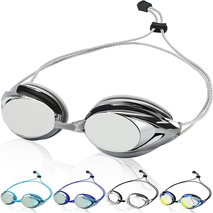 Otionus Swim Goggles for Adult Men Women Youth, Bungee Strap Swimming Goggles No Hair Pulling Mirrored/Clear Lens Goggles