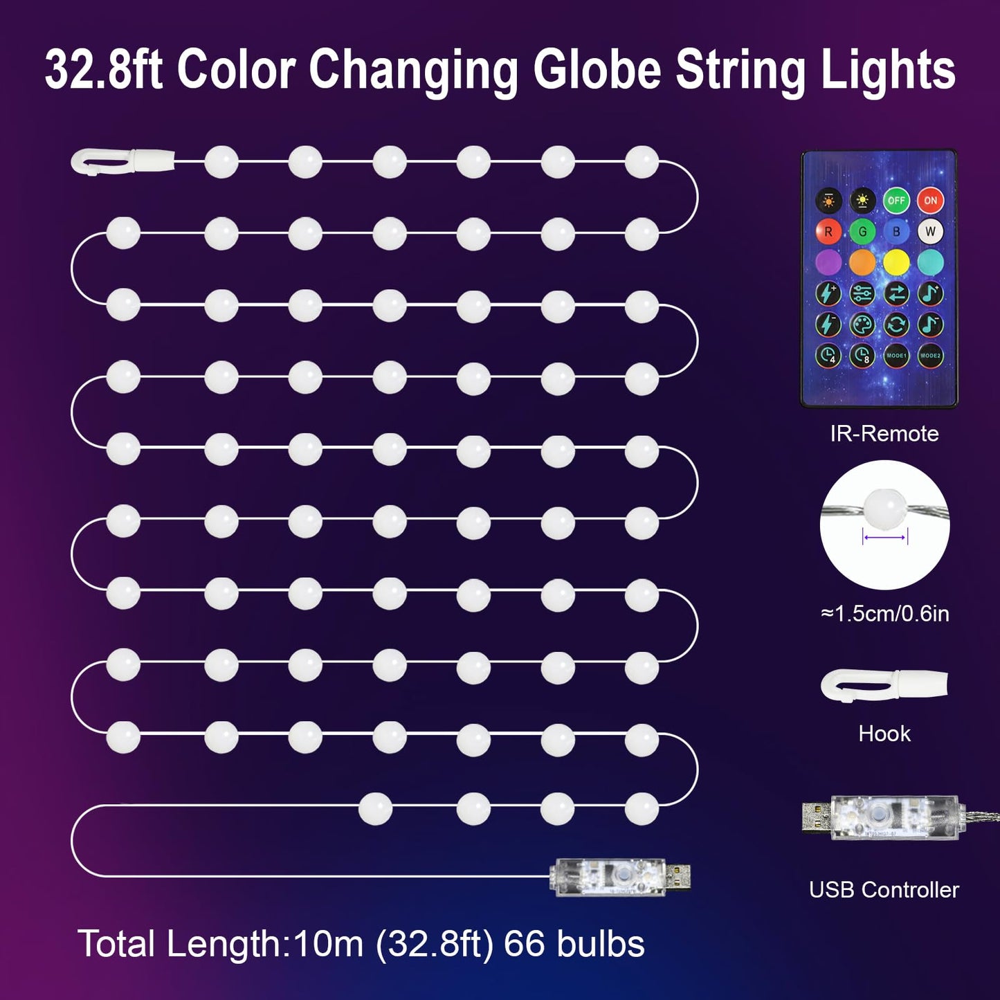 VISDOLL String Lights Indoor, RGB Smart Twinkle Light 32.8FT, 66 LEDs, Music Sync, RF Remote, USB Powered, Multicolor
