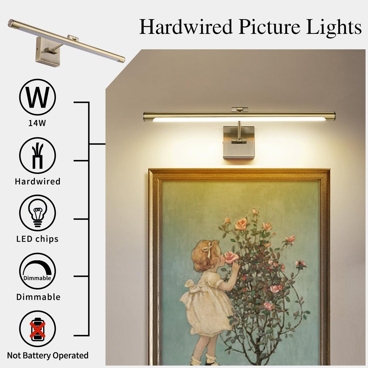 Joosenhouse LED Picture Light, Dimmable 24.4in Antique Bronze, Metal, 14W (70W Eqv.), Hardwired, Warm White, Model 7520-12