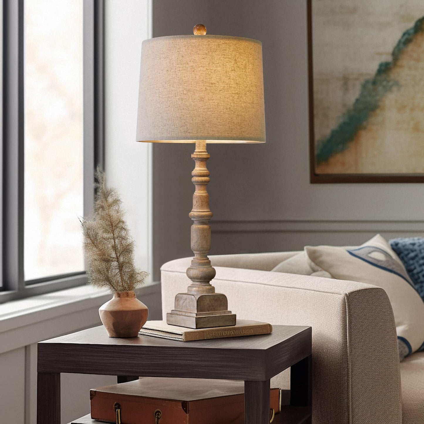 Oneach USB Table Lamps Set of 2, Vintage Farmhouse Resin, 27.75in, Antique Wood, Model AMZ-T336USB-WW