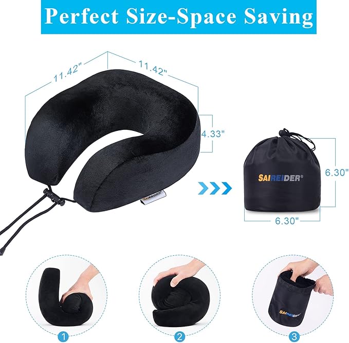 SAIREIDER Neck Pillows for Travel 100% Memory Foam Adjustable Travel Pillows with Storage Bag, Sleep Mask and Earplugs-Prevent The Heads from Falling Forward (Black)