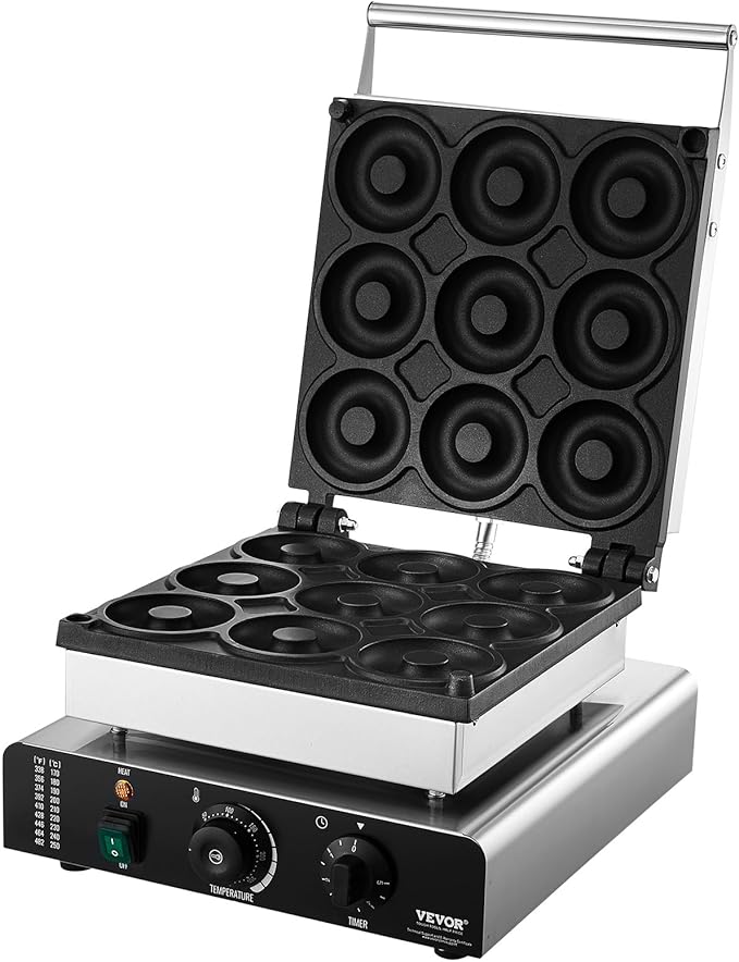 VEVOR Electric Donut Maker, 2000W Commercial Doughnut Machine with Non-stick Surface, 9 Holes Double-Sided Heating Waffle Machine Makes 9 Doughnuts, Temperature 122-572℉, for Restaurant and Home Use