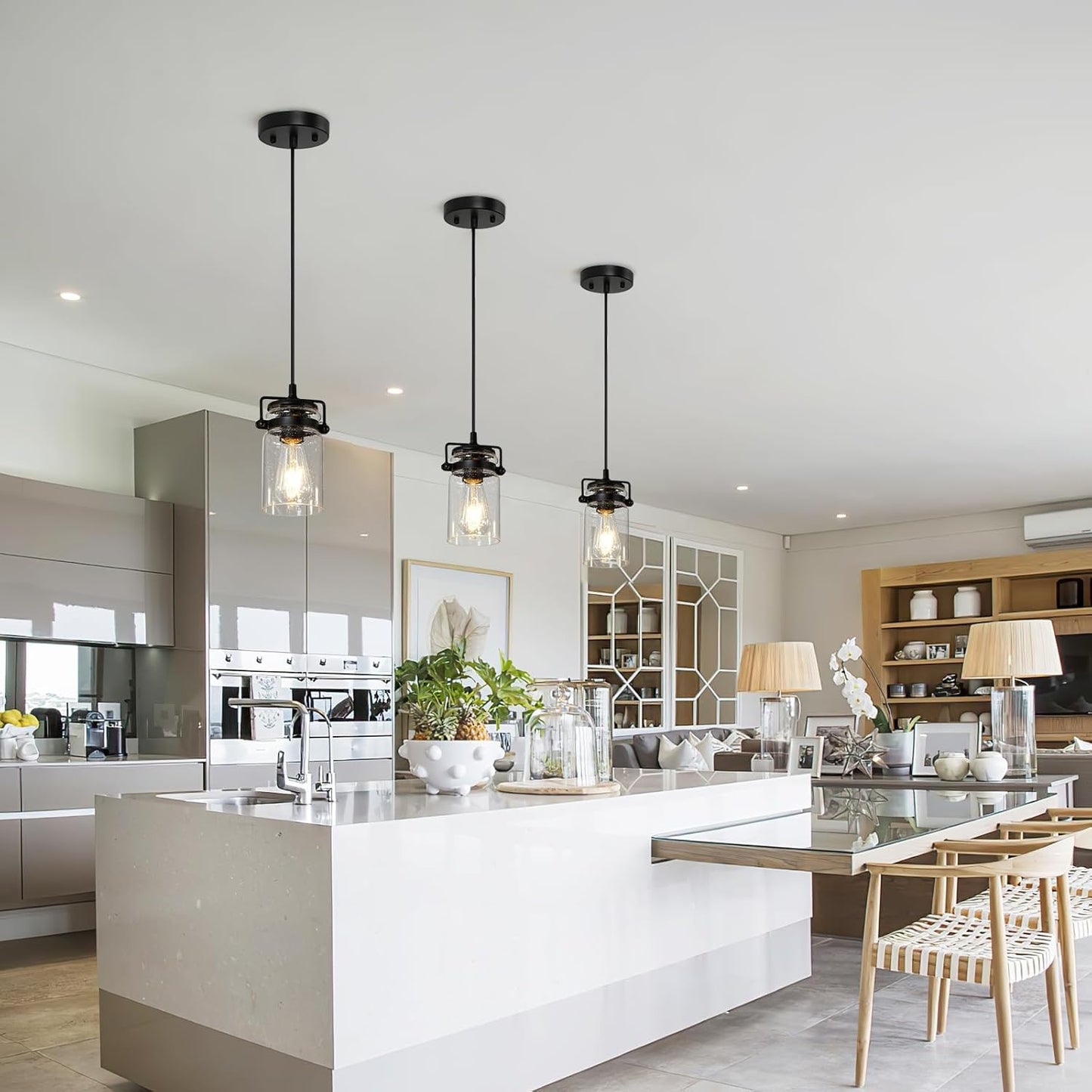 Industrial Pendant Lighting For Kithen Island  Black Pendant Light Fixture With Clear Glass Shade  Modern Mini Ceiling 3 Light Fixture Adjustable Kitchen Island Lighting(E26 Base)