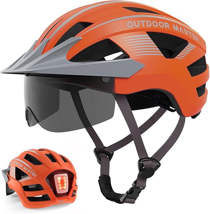 OutdoorMaster Adult Bike Helmet - Bicycle Helmet with Rechargeable Rear LED Light, Detachable Magnetic Goggles, Removable ...