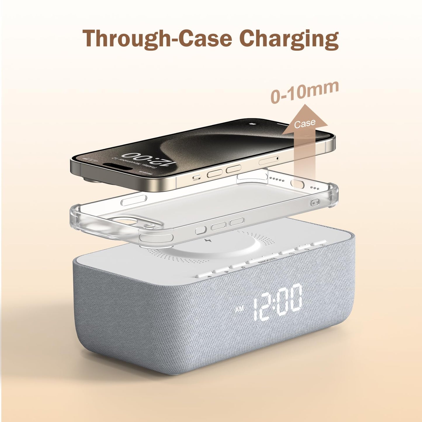REACHER 15W Fast Wireless Charging Alarm Clock with White Noise Machine │ 20 High-Fidelity Sleep Sounds │ Gradual Wake & Unlimited Snooze │ 0–100% Dimmable Digital Clock for Bedroom & Office