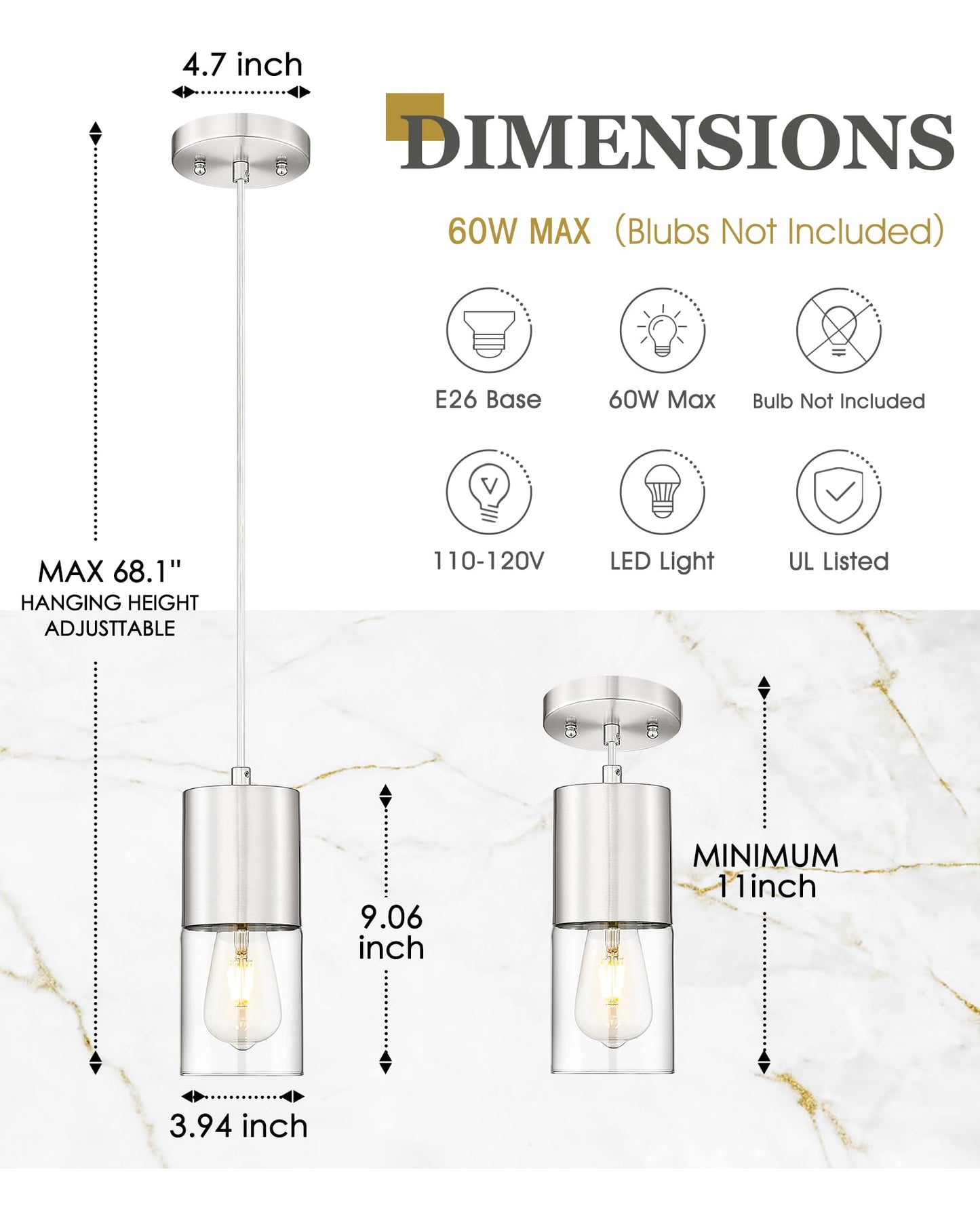 Audickic Pendant Lights Kitchen Island  Brushed Nickel Hanging Lights Fixtures With Cylinder Clear Glass  Modern Kitchen Pendant Lighting Over Island For Dining Room  Ad-24023-1P-Sn