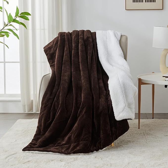 SOCHOW Waffle Sherpa Fleece Throw Blanket, Super Soft Fuzzy Warm, Lightweight Fluffy Reversible Plush Blanket for Bed Sofa Couch, 50 x 60 Inches Brown