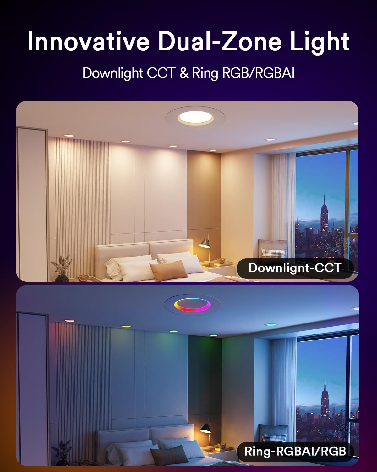Lumary Smart Retrofit Led Recessed Lighting 5/6 Inch Pro W/Color Ring  Rgbai Retrofit Can Light W/Anti-Dazzle  Wi-Fi Bluetooth Connect  Work With Alexa Google  66 Scene Mode  Etl Cri 90 1000Lm  4 Pack