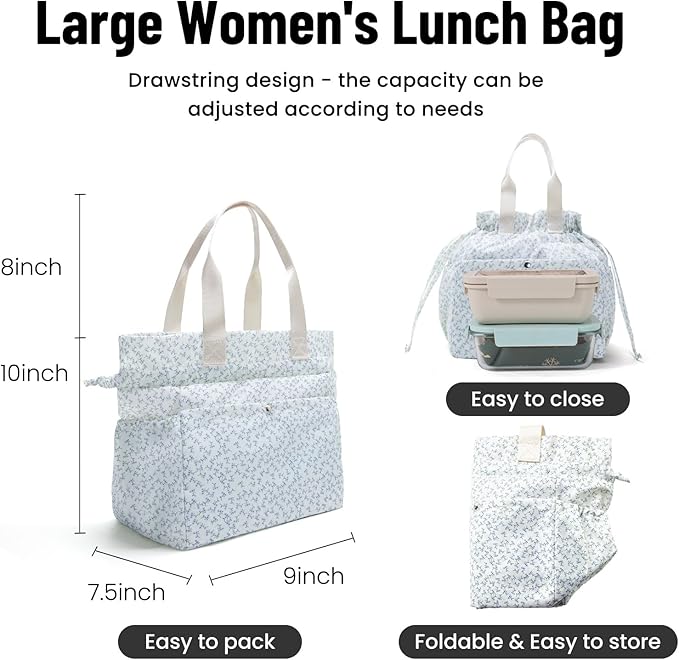 MEXS Lunch Bag for Women Reusable Drawstring Insulated Lunch Box Stain-Resistant Large Cinch Closure Lunch Bags for Work Office (lavender)