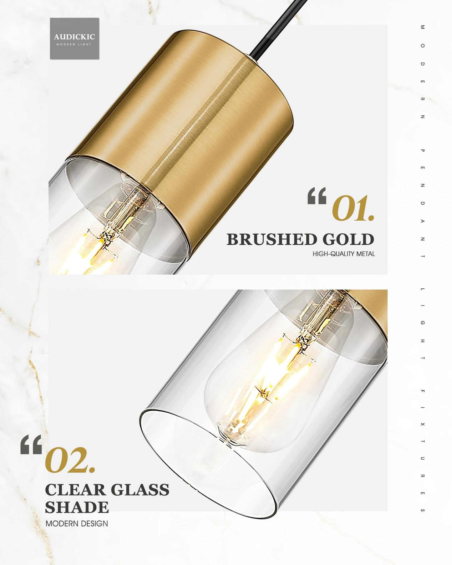 Audickic 2-Pack Pendant Lights Kitchen Island  Brushed Gold Shade Hanging Lights Fixtures With Cylinder Clear Glass  Brass Kitchen Pendant Lighting Over Island For Dining Room  Ad-24023-1P2-Gd
