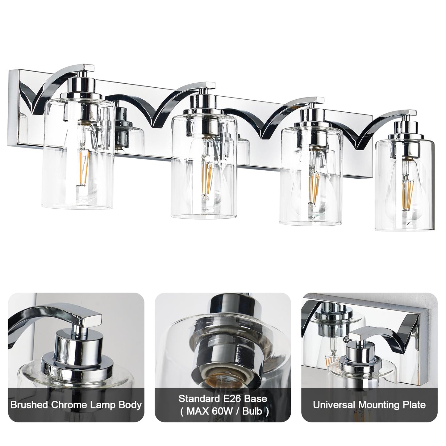 Alaislyc 4-Light Bathroom Light Fixtures Modern Chrome Vanity Lights For Bathroom Lighting Fixtures Over Mirror With Clear Glass Shade For Cabinet Mirror Bedroom Hallway