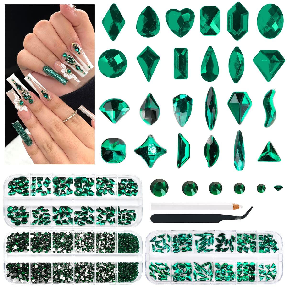 qiipii 3 Boxes Emerald Green Nail Rhinestones 240 Multi-Shapes Big Gems Dark Green Flatback Round Beads K9 Glass Crystals Stones