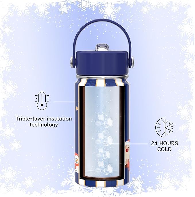 Kids Water Bottle with Straw Lid 14oz, Vacuum Insulated 316 Stainless Steel Water Bottles for Kids for School, Leakproof Water Bottle, BPA Free and Keep Cold for 24 Hours