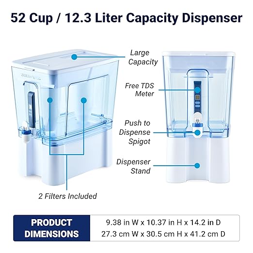 Culligan ZeroWater 52-Cup Ready-Read 5-Stage Water Filter Dispenser with 5-Stage 0 TDS Water Filter – IAPMO Certified to Reduce Lead, Chromium, and PFOA/PFOS