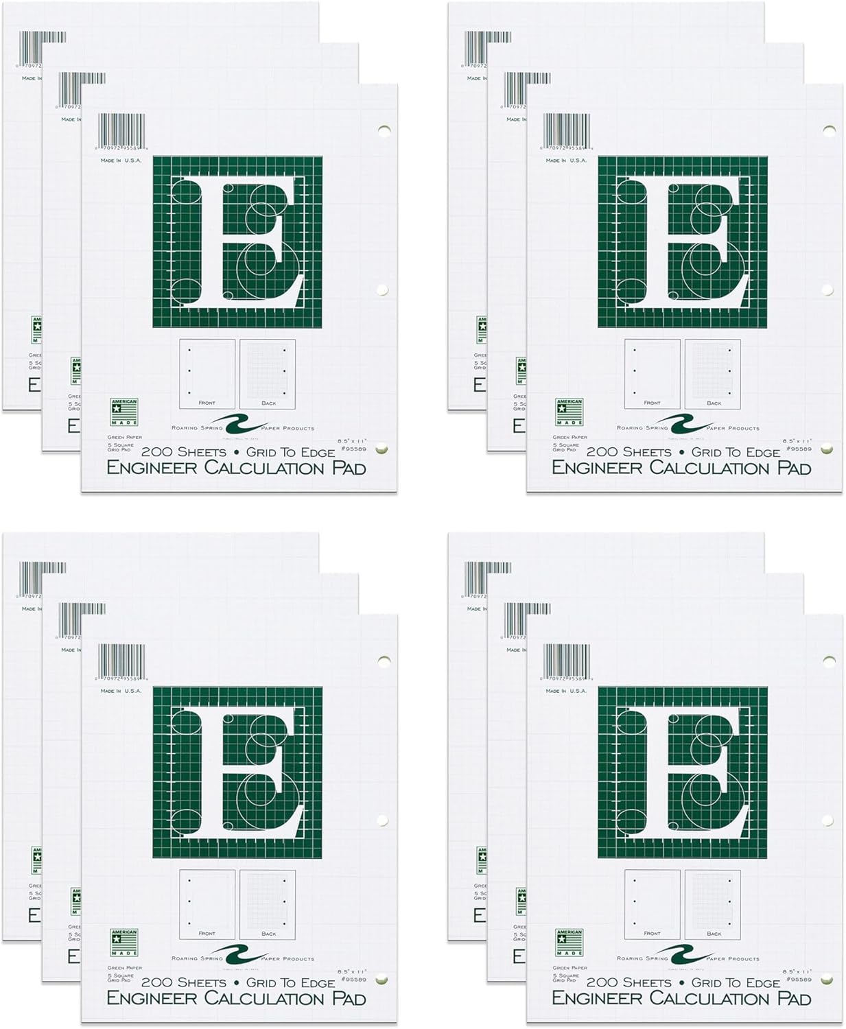 ROARING SPRING Engineering Pad, Frame Front 1/2" Right Margin, 8.5" x 11", 200 Sheets, Green Paper, Pack of 12