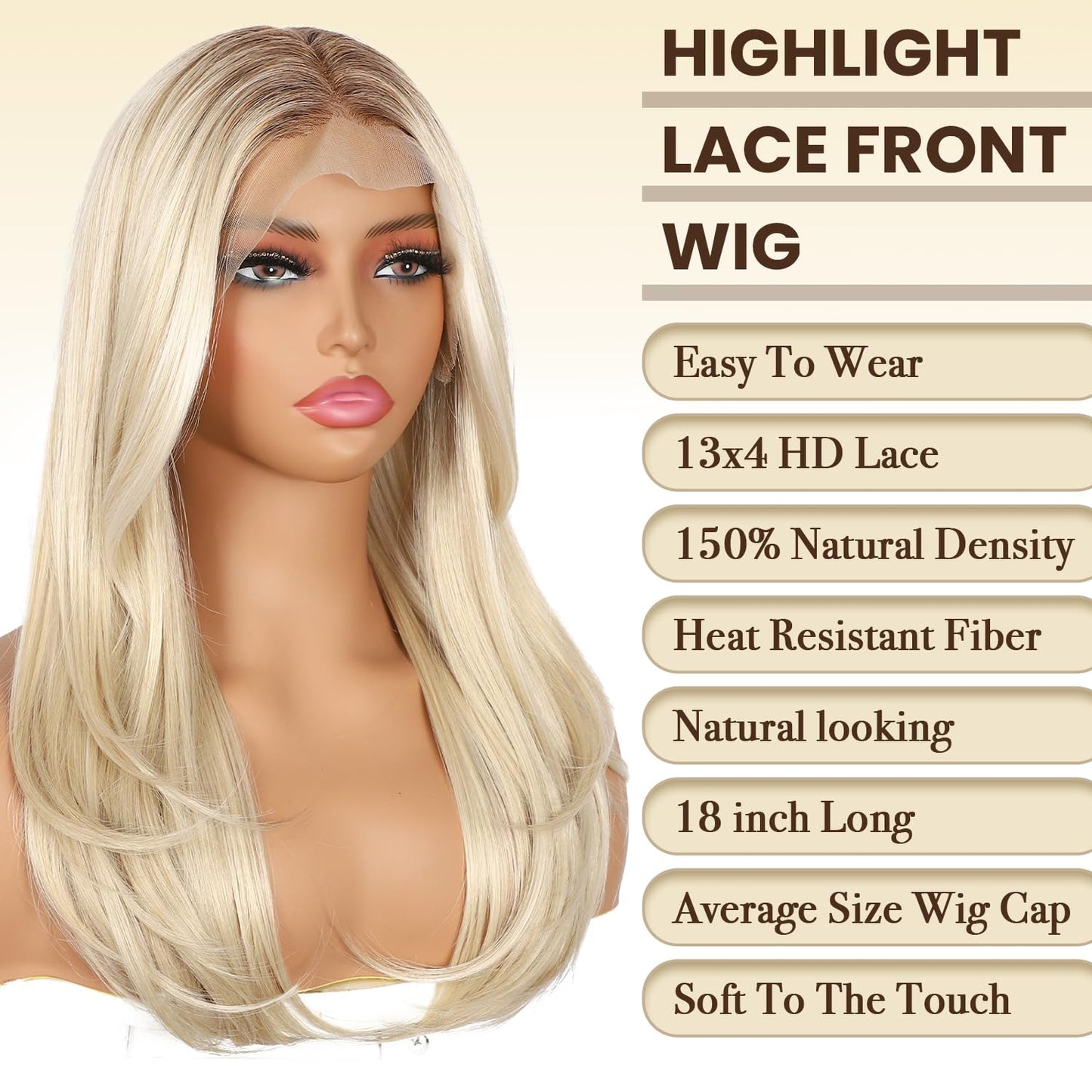 BABEHERS Blonde Synthetic Lace Front Wig, 13x4 Straight Highlight Layered Wigs for Women Pre-plucked Natural Hairline Heat Resis