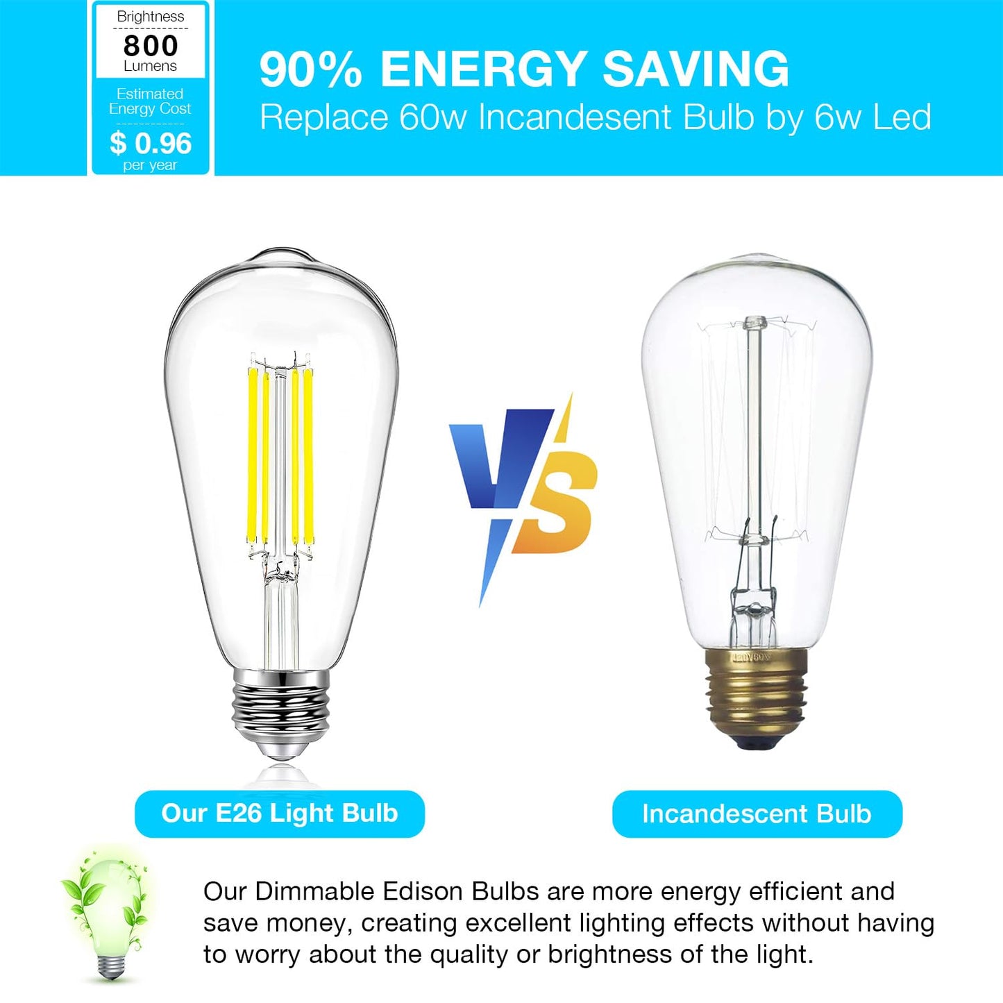 DAYBETTER Vintage LED Edison Bulbs, Dimmable 6W 800LM, Clear Glass, 6 Pack, Daylight White, Model QSND63 AUS-D1