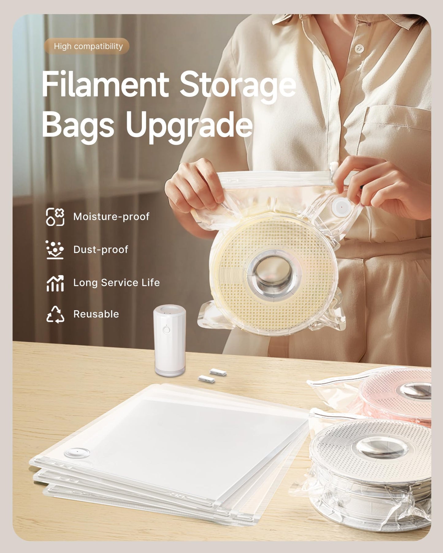 Filament Storage Bags with Auto Pump - Upgraded 30 Extra Large Filament Bags (14.9 * 13 inch) Plus 30 Desiccants and 5 Clips - Extra Large Filament Vacuum Bags Designed for Bambulab Reusable Spool