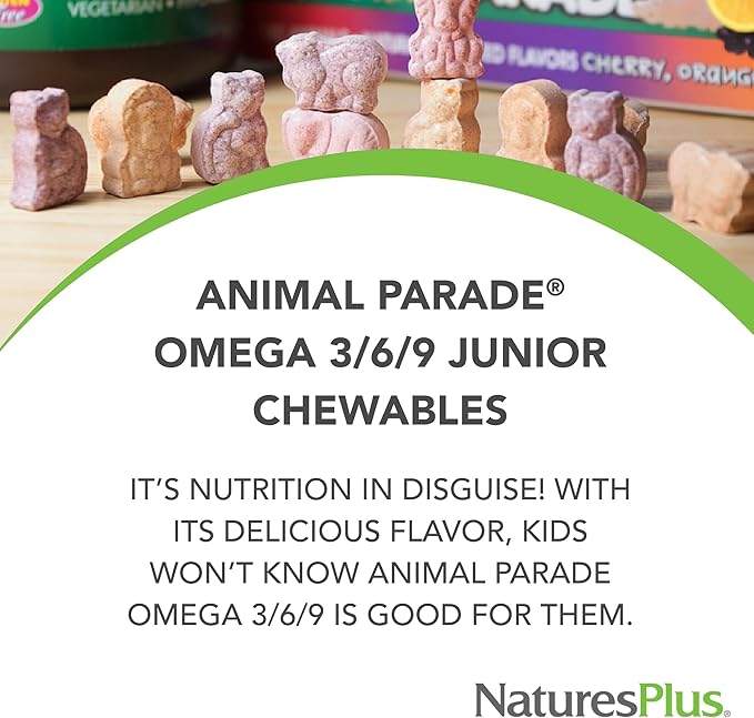 Natures Plus Animal Parade Omega 3/6/9 Junior, Lemon Flavor - 90 Softgels - Promotes Children's Immune, Skin, Eye & Nervous System Health - Non-GMO, Gluten Free - 45 Servings