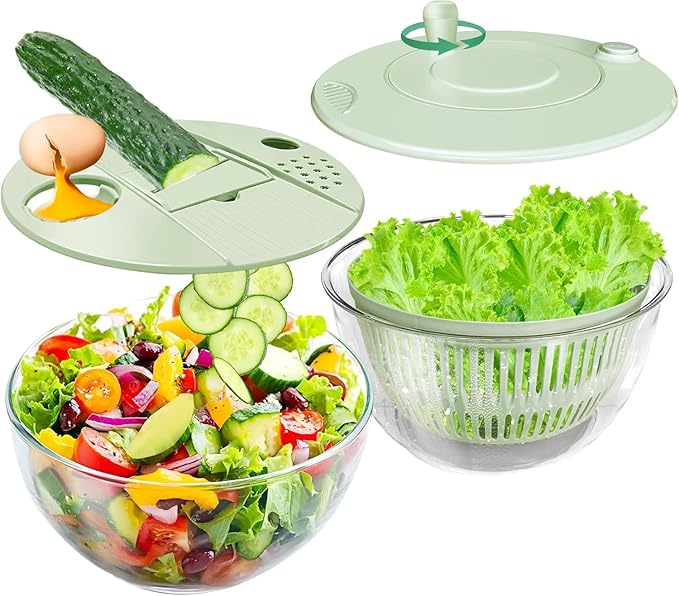 Salad Spinner Large-5.3 Qt Vegetables Fruits Wash Spinner Bowl,Lettuce Spinner Dryer with 5 Blades,Egg Yolk Strainer Slicer Shredder for Kitchen Colander,Pasta and Fries Spinner-Green