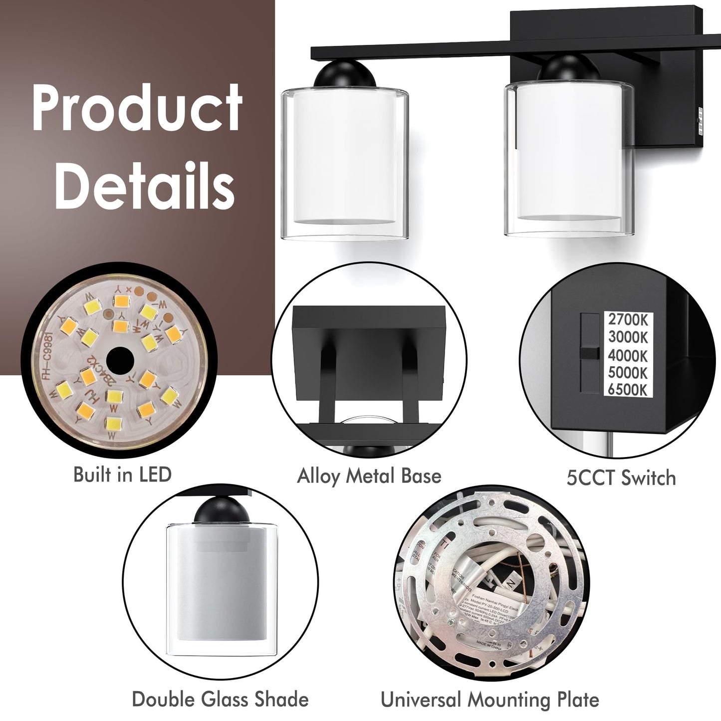 Quntis Bathroom Lighting Fixture - 3 Light Dimmable LED, 21W, 5 Color Modes, Black & Clear, 16 Inch, Metal