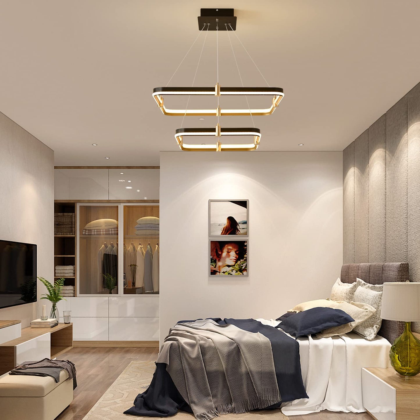 Siittoo Modern Black Chandelier Dining Room Light Fixture  96W Dimmable Led Modern Pendant Light  2-Ring Rectangular Chandelier Hanging Light Fixture For Kitchen Island Living Room Hall  F=24+16