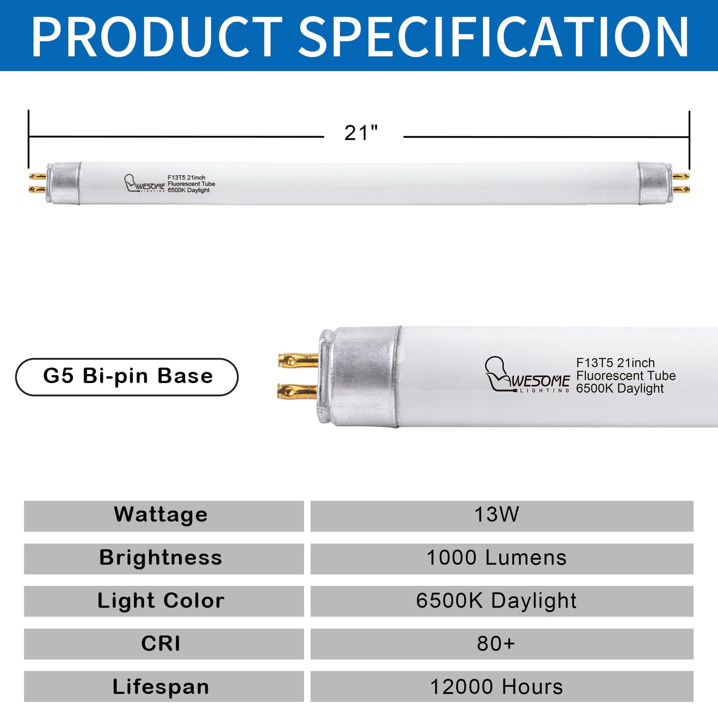 Wesome Lighting 21 Inch F13T5/Dl Fluorescent Light Bulb  6500K Daylight  T5 13 Watts Fluorescent Replacement Bulb For Counter And Cabinet Fixture  G5 Base - 6 Pack