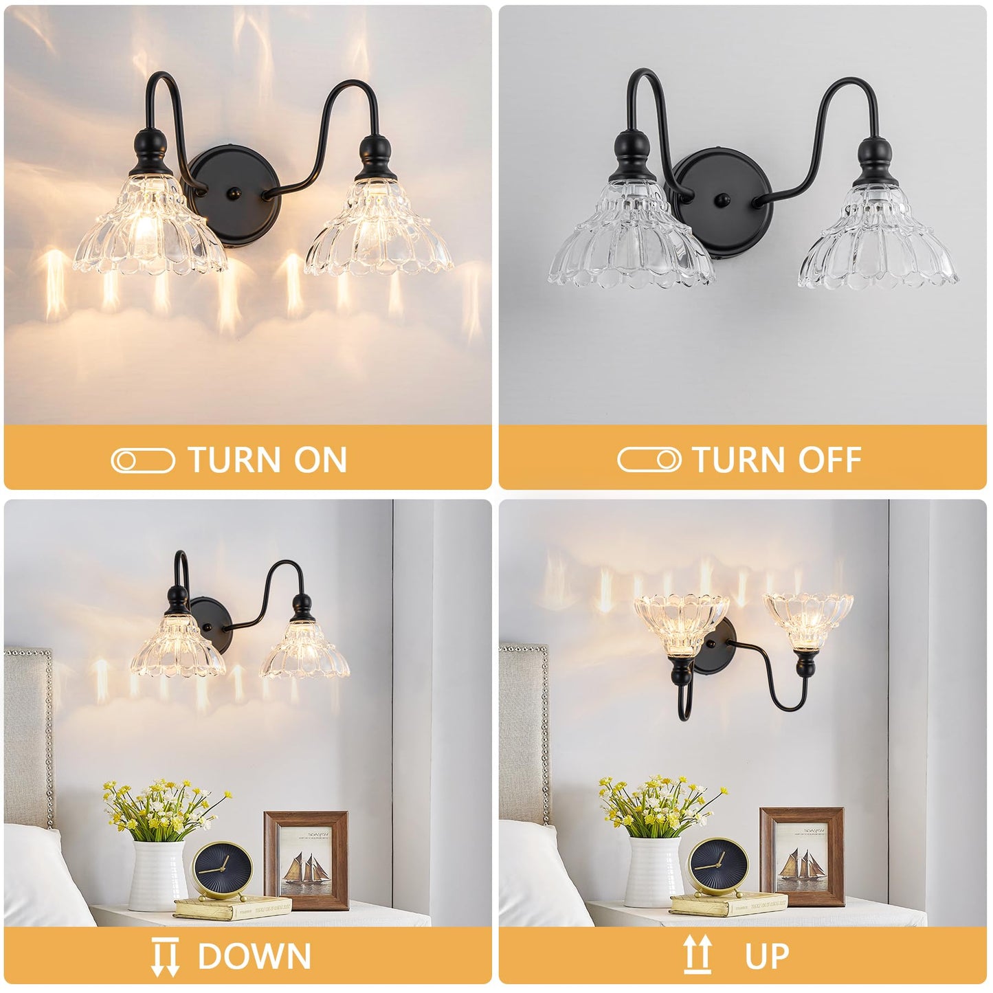 Brknit Vintage Bathroom Light Fixtures Over Mirror  2-Light Black Wall Sconce Lighting With Flower Glass Shade  Farmhouse Vanity Lights For Bedroom Kitchen Living Room Hallway Light