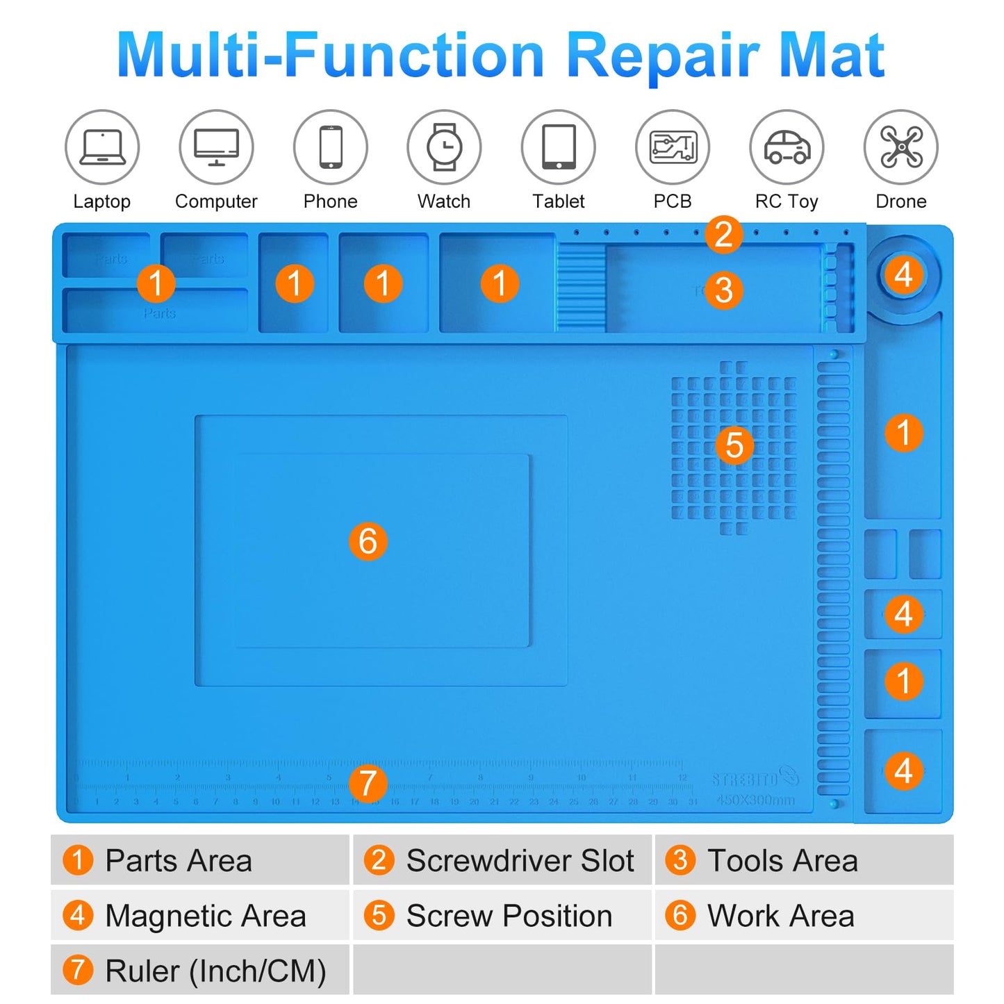 STREBITO Silicone Soldering Mat Electronics Mat, Solder Pad Heat Resistant 932°F, Magnetic Work Mat Silicone Repair Mat for Soldering, Computer, Laptop, Cell Phone, RC, Watch, Gun, Size 17.7" x 11.8"