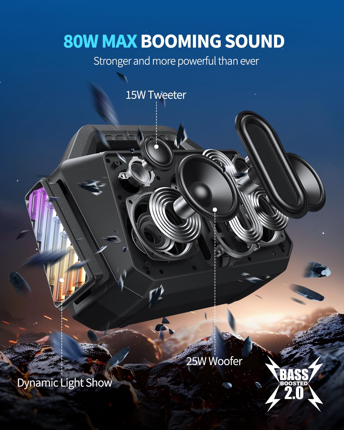Tpwin Bluetooth Speaker - 80W Loud Rugged Outdoor Speakers, Ipx6 Waterproof, 20H Playtime, Deep Bass, Lightshow, Tws, Bt 5.3 Wir