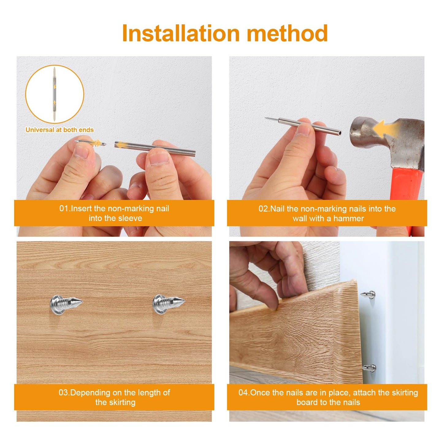 LJYPYXU 400pcs Double Head Skirting Nails with 4 Tools - Invisible Seamless Baseboard Screws for Solid Wood Trim, Double-Sided Installation