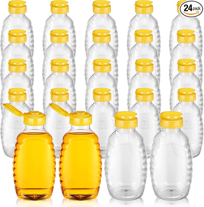 24 Pcs Clear Plastic Honey Bottles Plastic Skep Style Jar Honey Squeeze Bottle Empty Refillable Honey Dispenser with Flip Top Lids Leak Proof Honey Containers Holders for Storing and Dispensing(16 OZ)