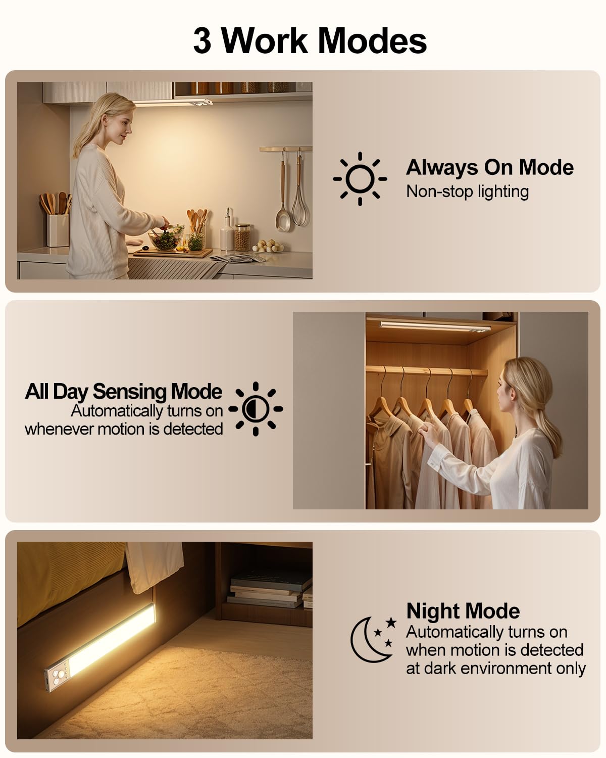 Under Cabinet Lighting  Led Motion Sensor Light Indoor With 3 Color Dimmable  2500Mah Battery Operated Closet Lights Rechargeable Lamp  Magnetic Under Counter Night Lights Used In Cabinet (16 Inches)
